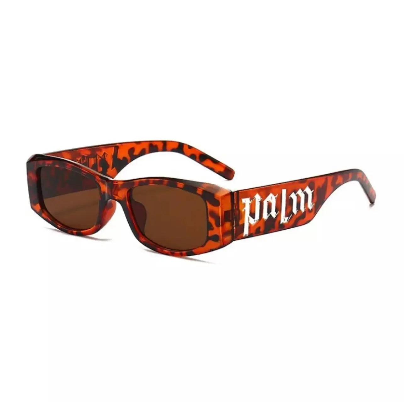 a pair of cheetah print palm angels sunglasses with the word'palm'on them.