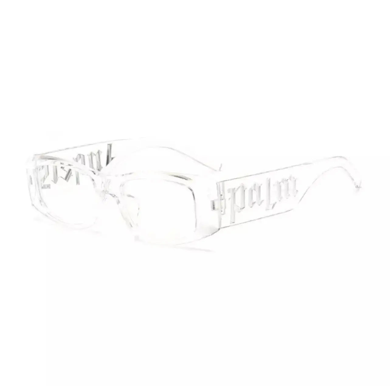 a pair of clear palm angels sunglasses with the word'palm'on them.
