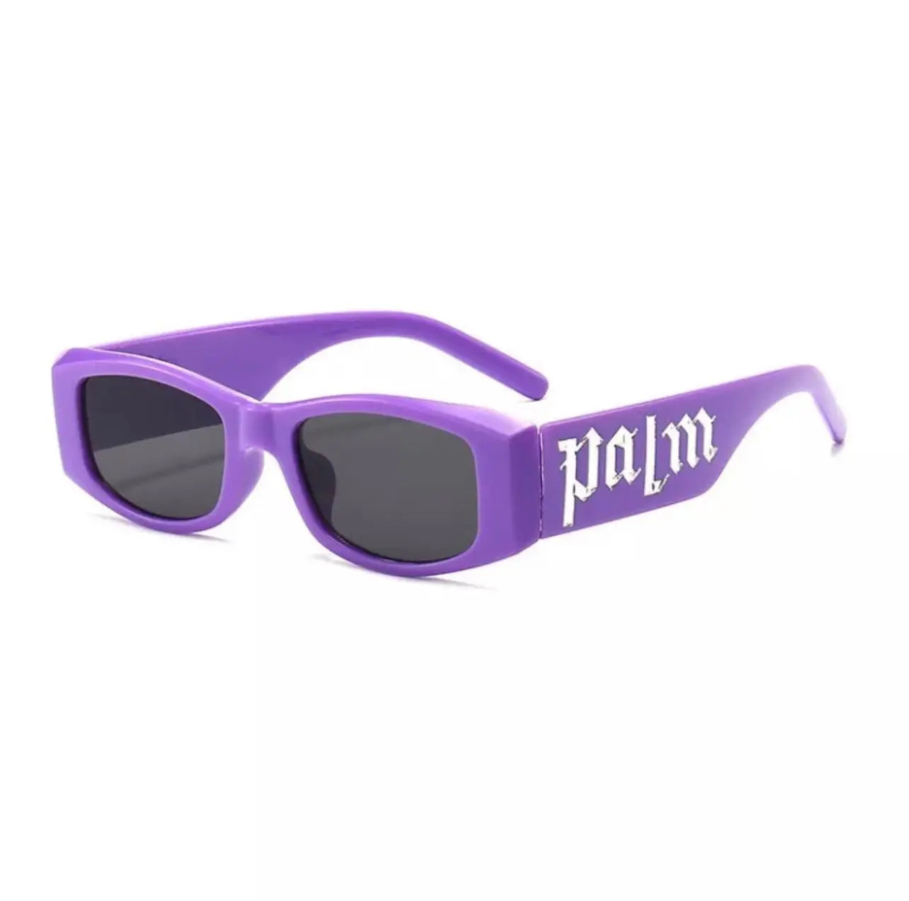 a pair of purple palm angels sunglasses with the word'palm'on them.